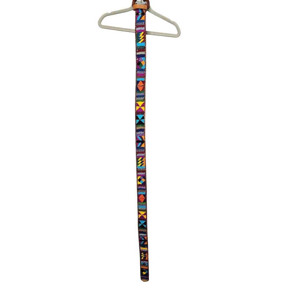 Handwoven Geometric Tribal Belt Multicolor Leather Whipstitch Boho Size 38 Vtg